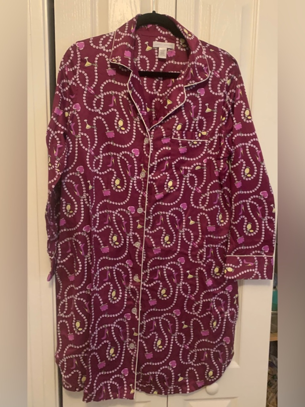 Midnight by Carole Hochman Feminine Printed Pajama Top Dress Button Pearls Cute